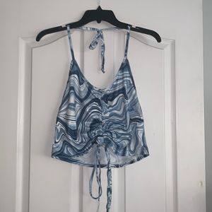 SHEIN Blue and White Splash Print Ruched Drawstring Knot Halter Top